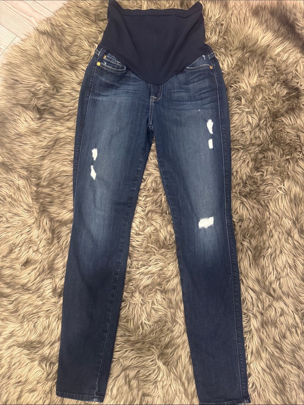 7 For All Mankind Dark Blue Skinny Maternity Jeans with Distressed Accents